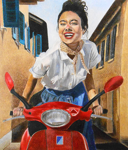 A painting shows a woman with a scarf around her neck riding a red motor bike.