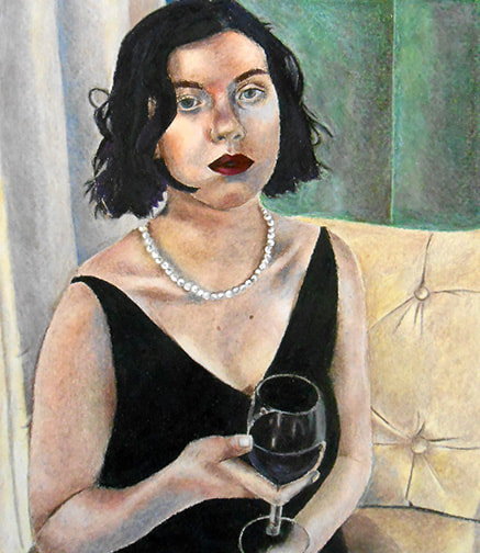 A painting shows a woman from the waist up in a cocktail dress and pearls. (AP art portfolio examples)