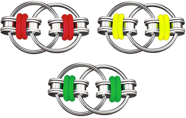 Chain fidget toys in red, yellow, and green