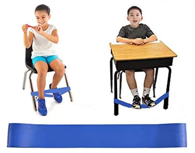 Fidgets for kids: Students using fidget bands attached to their chair and desk legs