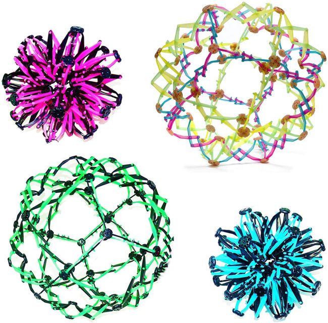 Multiple colors of miniature plastic Hoberman spheres