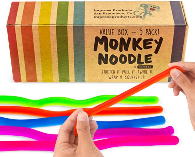 Colorful stretchy Monkey Noodle toys and storage box