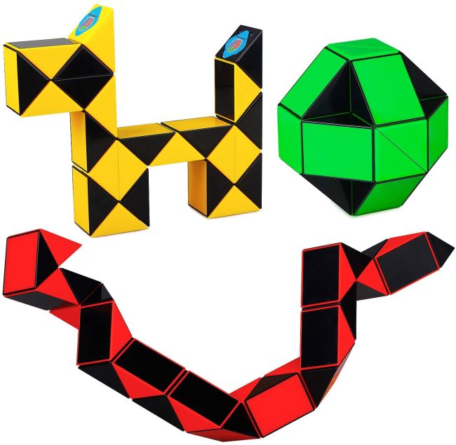 Colorful geometric fidget snake toys twisted into different shapes