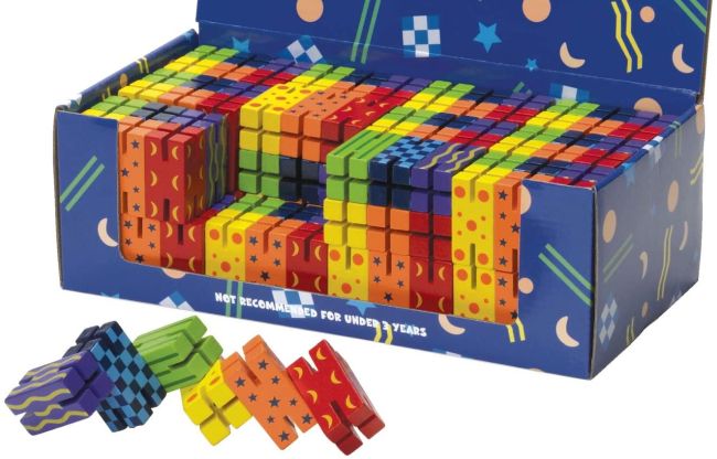 Colorful wooden Whatz'It fidget toys in a box