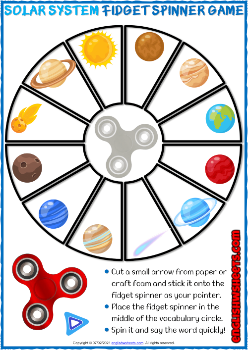 A printable game board has a fidget spinner pictured in the middle with the planets surrounding it in a dial formation. 