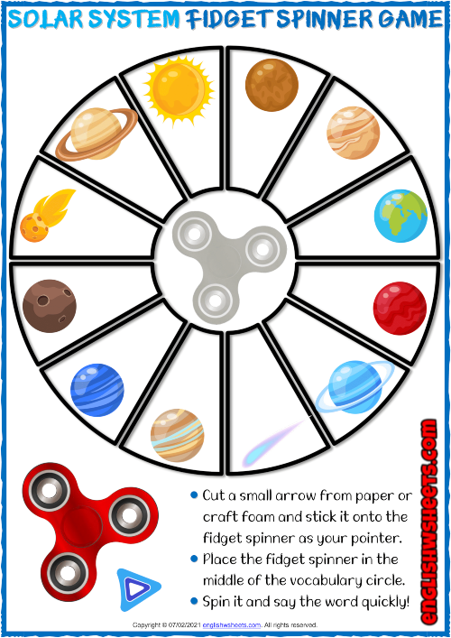 A printable game board has a fidget spinner pictured in the middle with the planets surrounding it in a dial formation.