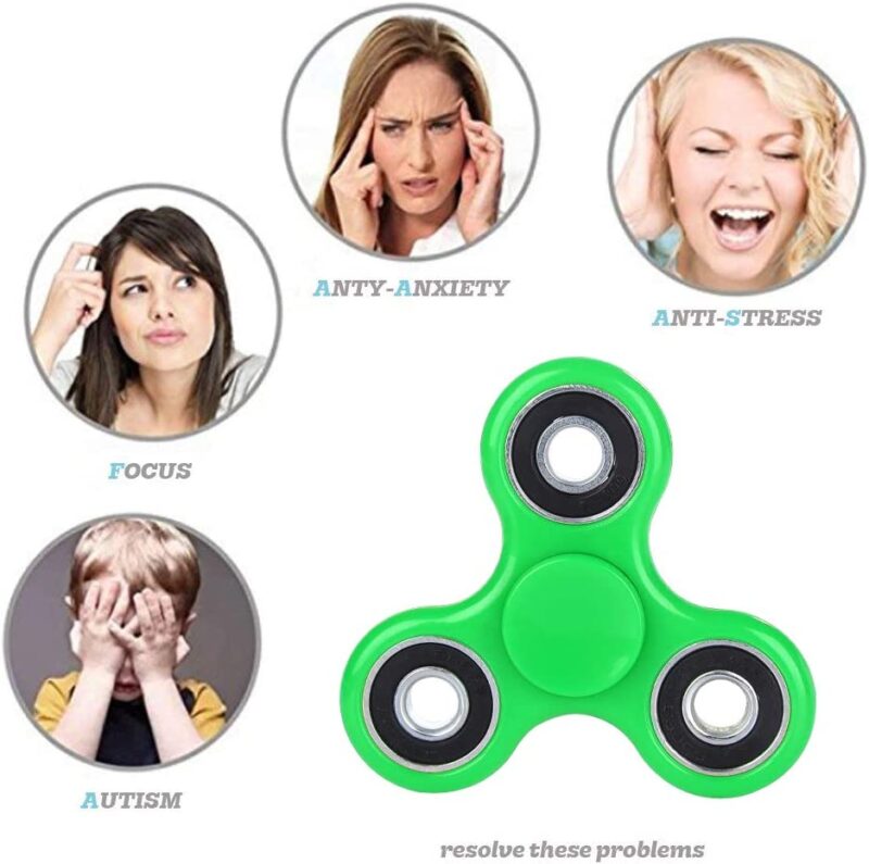 Four circles show faces in different stages of distress. A green fidget spinner is also shown. It has a dot in the center and three spokes.