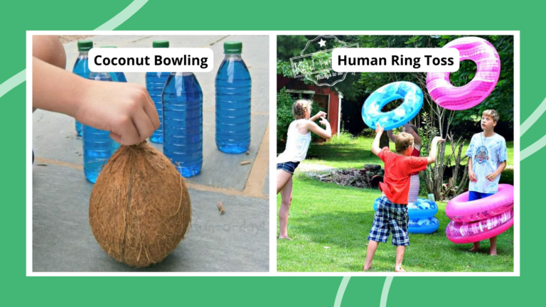 Collage of field day games including coconut bowling and human ring toss