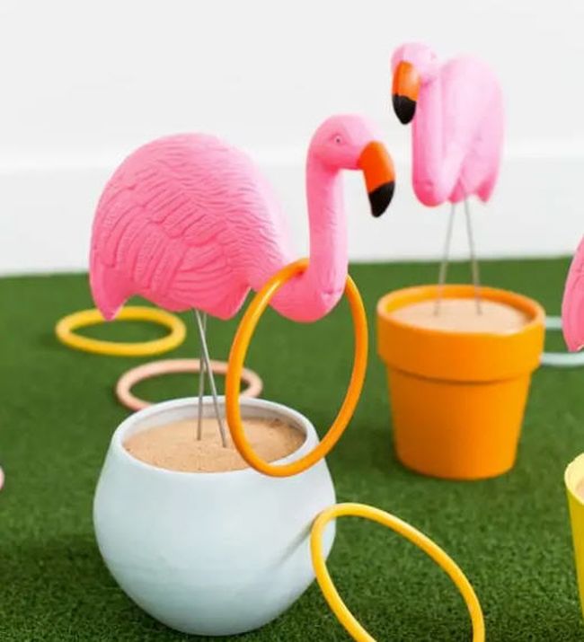 Lawn flamingoes in pots with hoops (Field Day Games)