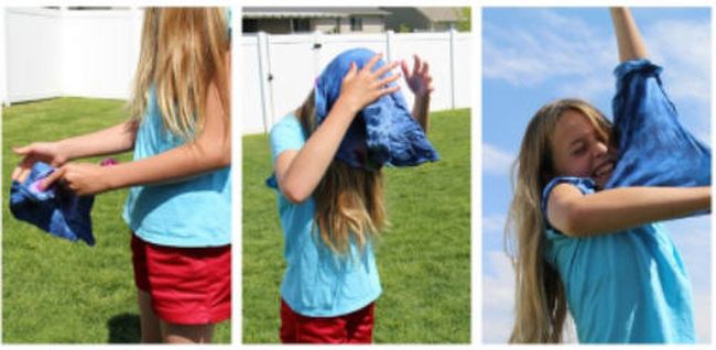 Collage of pictures of a girl attempting to put on a t-shirt that was frozen when wet and folded (Field Day Games)