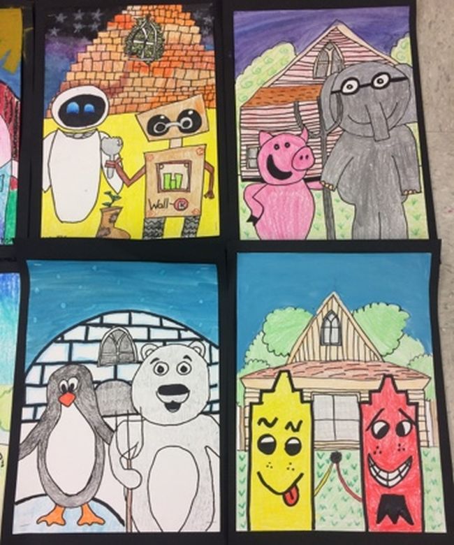Collage of drawings parodying the painting American Gothic (Fifth Grade Art)