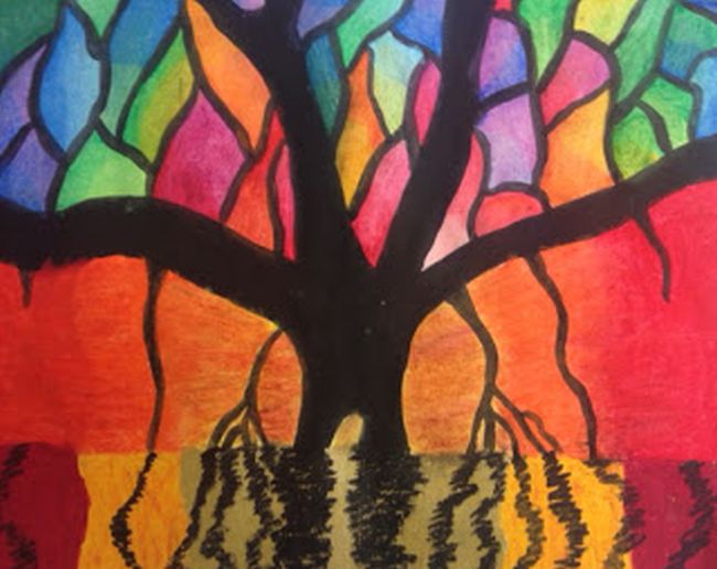 Colorful banyan tree reflected in water made using oil pastels