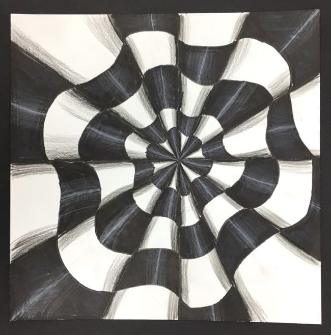 Series of cones emanating from a central perspective, sketched and shaded in black and white (Fifth Grade Art)