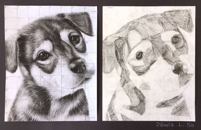 Photo of a dog with a superimposed grid, next to a drawing of the dog using a grid (Fifth Grade Art Projects)