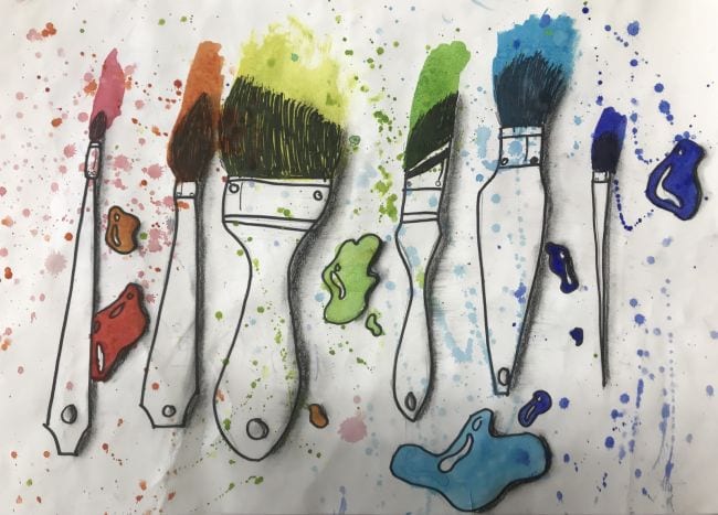 Drawing of various types of paintbrushes, splattered with paint drops (Fifth Grade Art)
