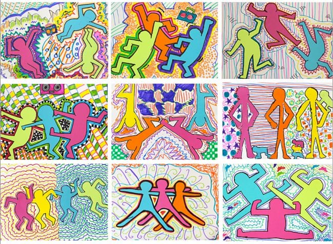 Collage of colorful stick figures dancing in the style of Keith Haring (Fifth Grade Art Project)