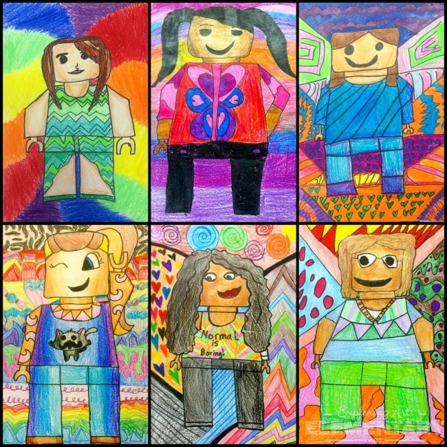 Colorful blocky portraits of fifth grade art students drawn in the style of LEGO minifigures