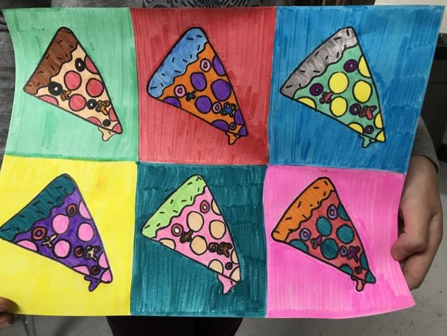 Slice of pizza illustrated in six different colors, in the style of Andy Warhol