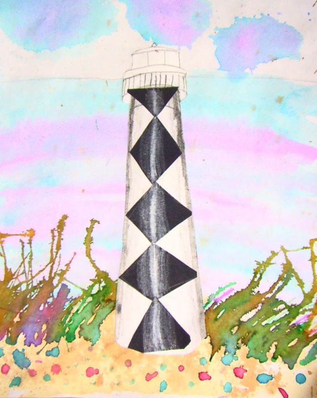 Black and white lighthouse standing on a beach with a watercolor pastel sky