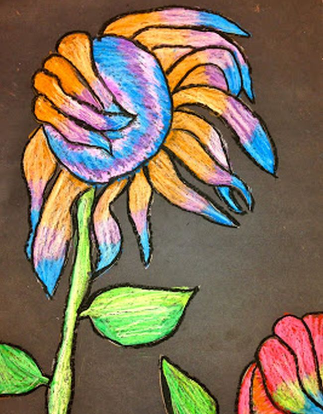 Wilting sunflower drawn with oil pastels on black paper (Fifth Grade Art Projects)