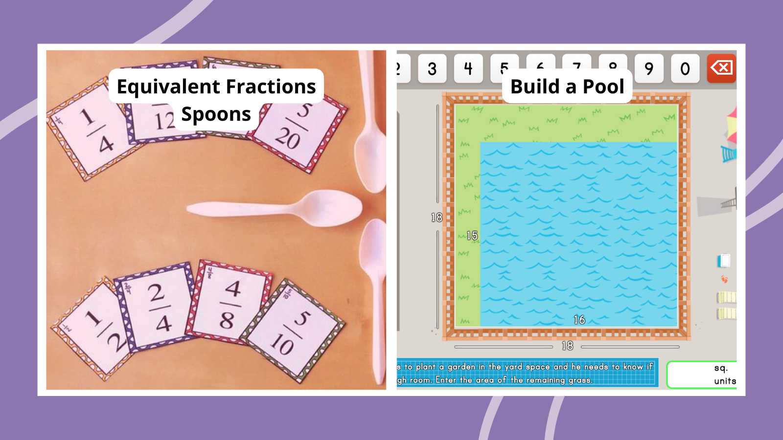 Collage of fifth grade math games, including equivalent fractions spoons and build a pool online game