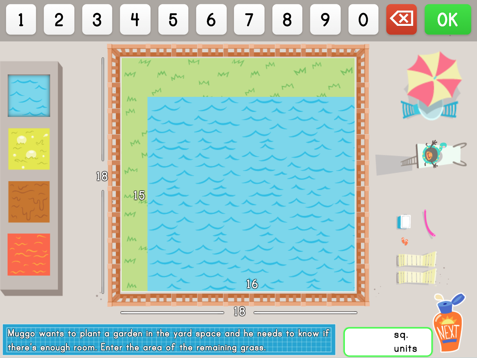 Screenshot from online math game Build a Pool to learn area calculations