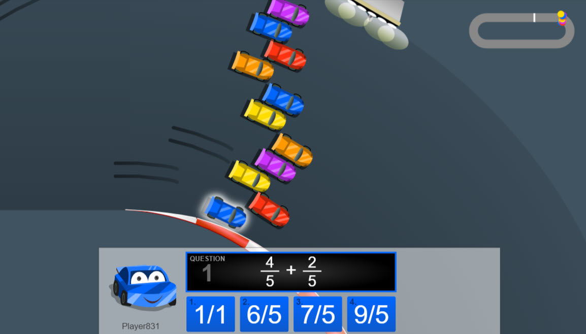 Screenshot from online racing game where players solve fraction addition equations to advance