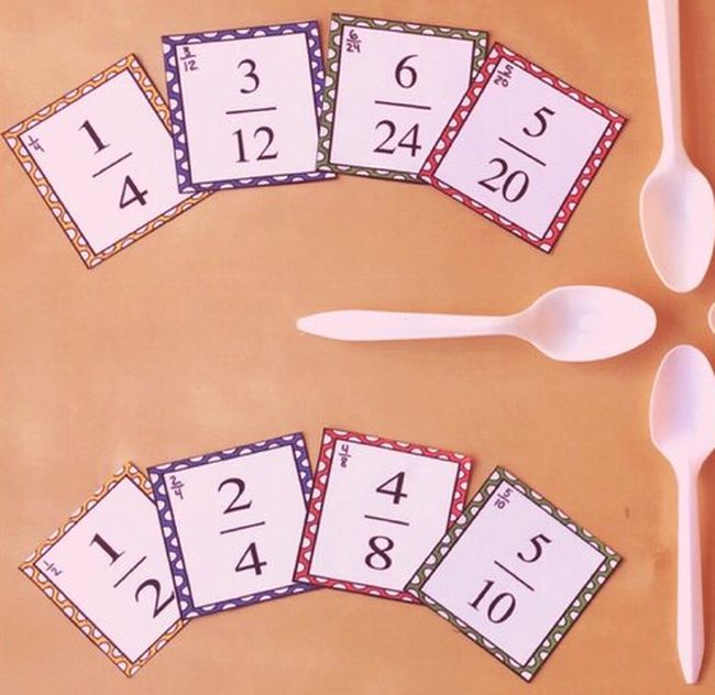 Cards showing fractions with several plastic spoons (Fifth Grade Math Games)