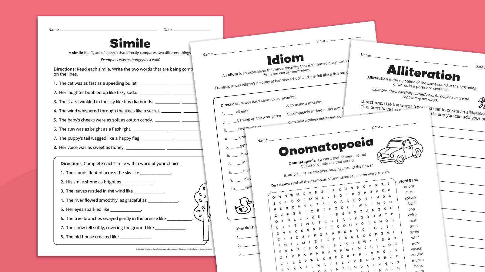 Flat lays of figurative language worksheets