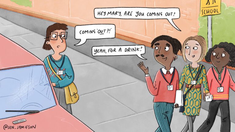 Illustration of teacher afraid to come out to colleagues