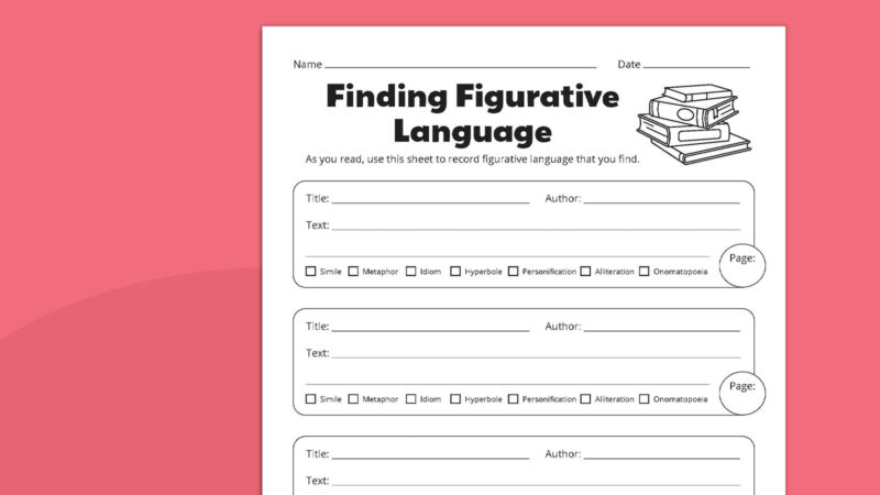 Flat lay of finding figurative language worksheet