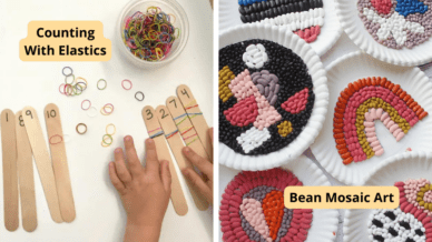 Examples of fine motor activities including hands counting with elastics on numbered popsicle sticks and creating mosaic art from colored beans