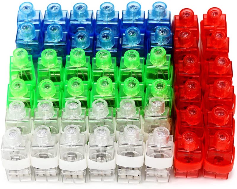 Mini finger flashlights in clear, green, blue, and red