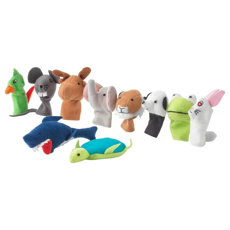 Ten finger puppets of all different animal species are shown, as an example of IKEA classroom supplies.