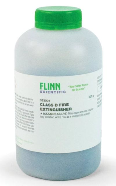 Plastic bottle of fire extinguisher powder with a green lid