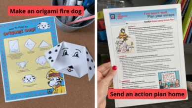 Collage of fire safety activities with text 'Make an origami fire dog' and 'Send an action plan home'