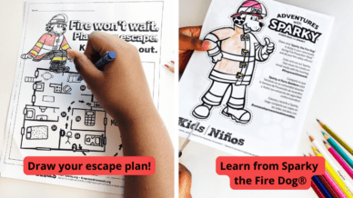 Collage of fire safety activities with text 'Draw your escape plan' and 'Learn from Sparky the Fire Dog'