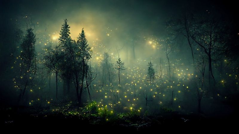 Illustration of a forest at night filled with fireflies