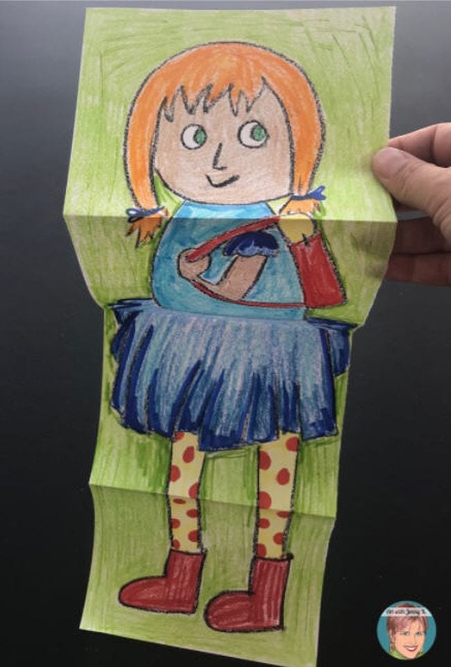 Crayon drawing of a child on a long piece of paper folded in quarters (First Grade Art)
