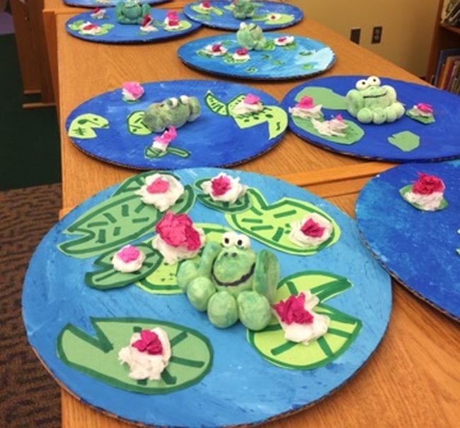 Cardboard ponds with crayon lily pads and sculpted clay frogs (First Grade Art)
