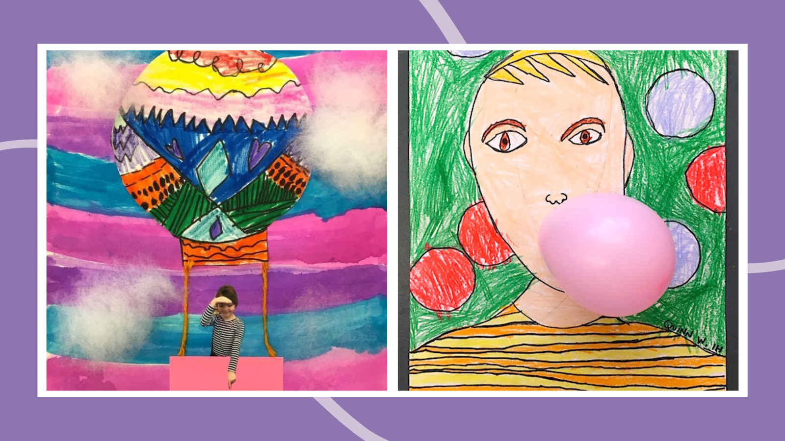 Examples of first grade art projects including a self portrait made with a balloon for bubble gum and a picture of a child in a hot air balloon painting with cotton clouds.