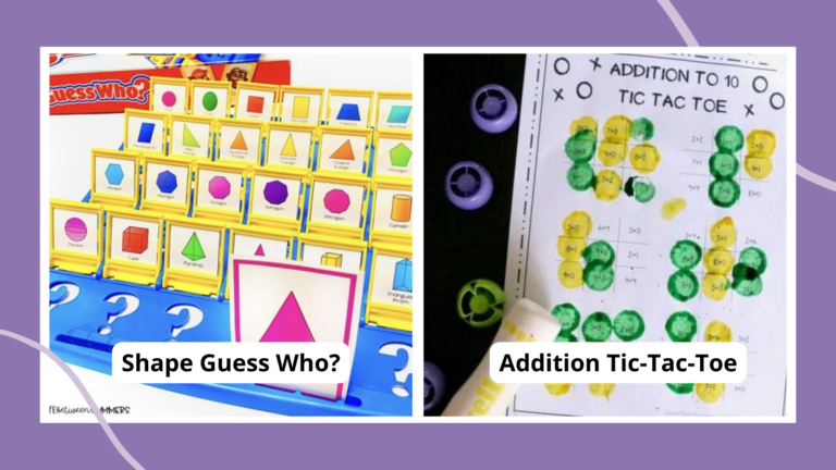 Collage of First Grade Math Games, including Shape Guess Who? and Addition Tic-Tac-Toe