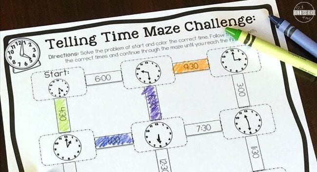 Telling Time Maze Challenge worksheet with crayons, showing a series of clock faces and times to connect as part of first grade math games
