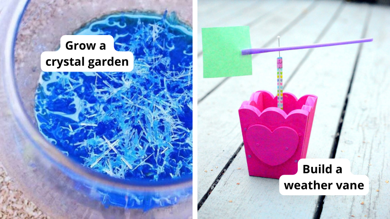 First grade science project examples including growing a blue crystal garden in a glass bowl and bilding a weather vane with a cup, paper and straw.