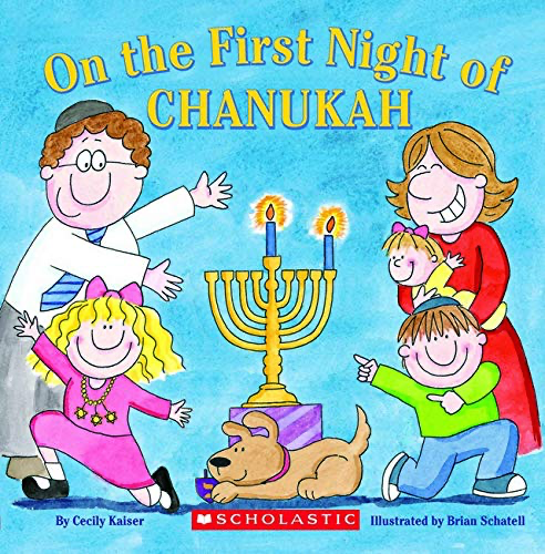 On the First Night of Hanukkah book cover-family around a lit menorah celebrating