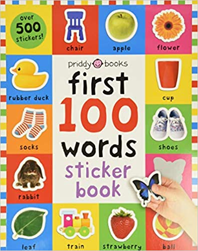A book has stickers of everyday objects on it with the word printed underneath it. They include socks, shoes, rubber duck, and cup. (best sticker books)
