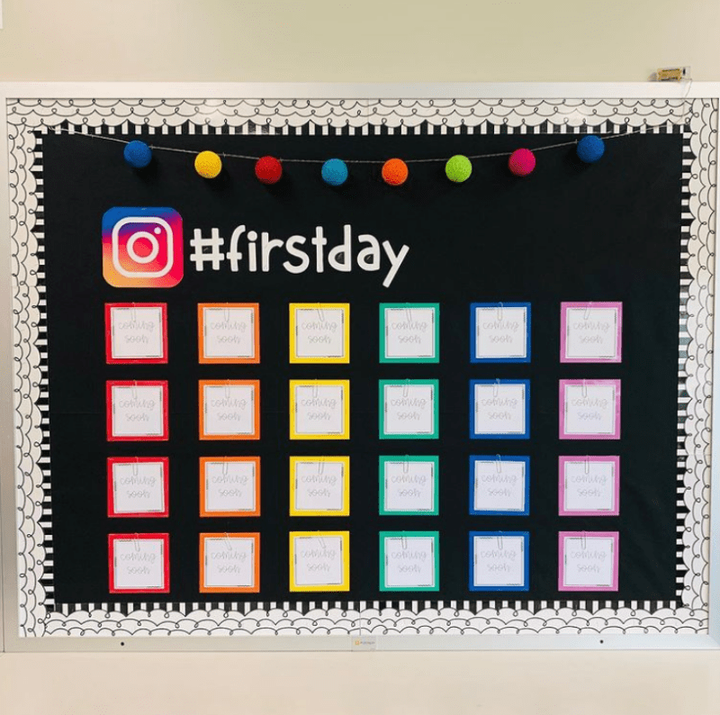 #firstday bulletin board with the Instagram logo and empty spaces for first day pictures or drawings (Back-to-School Bulletin Boards)