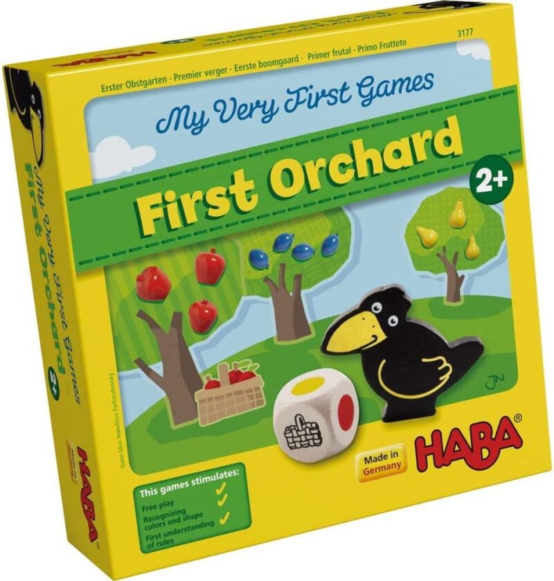 Best cooperative board games include this box that features an apple tree and a cartoon crow. Text reads First Orchard.