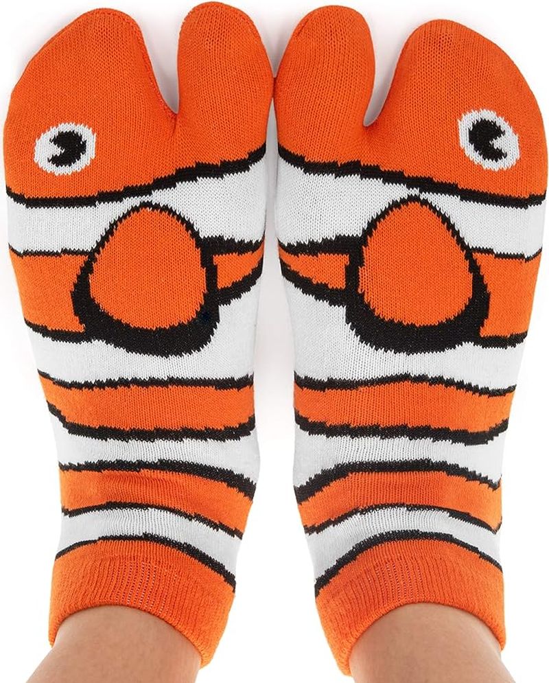 Fish socks with orange and white stripes, fins, and a split toe
