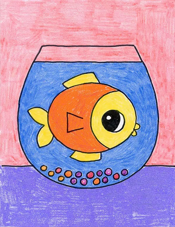 a simplistic drawing of a fish in a fish bowl is shown. 